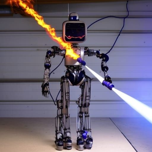 Futuristic Humanoid Robot Wielding Flamethrower