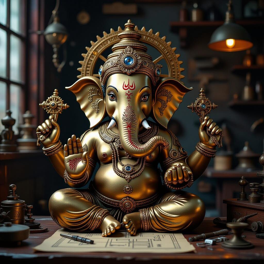 Ganesha as Steampunk Automaton in Victorian Workshop