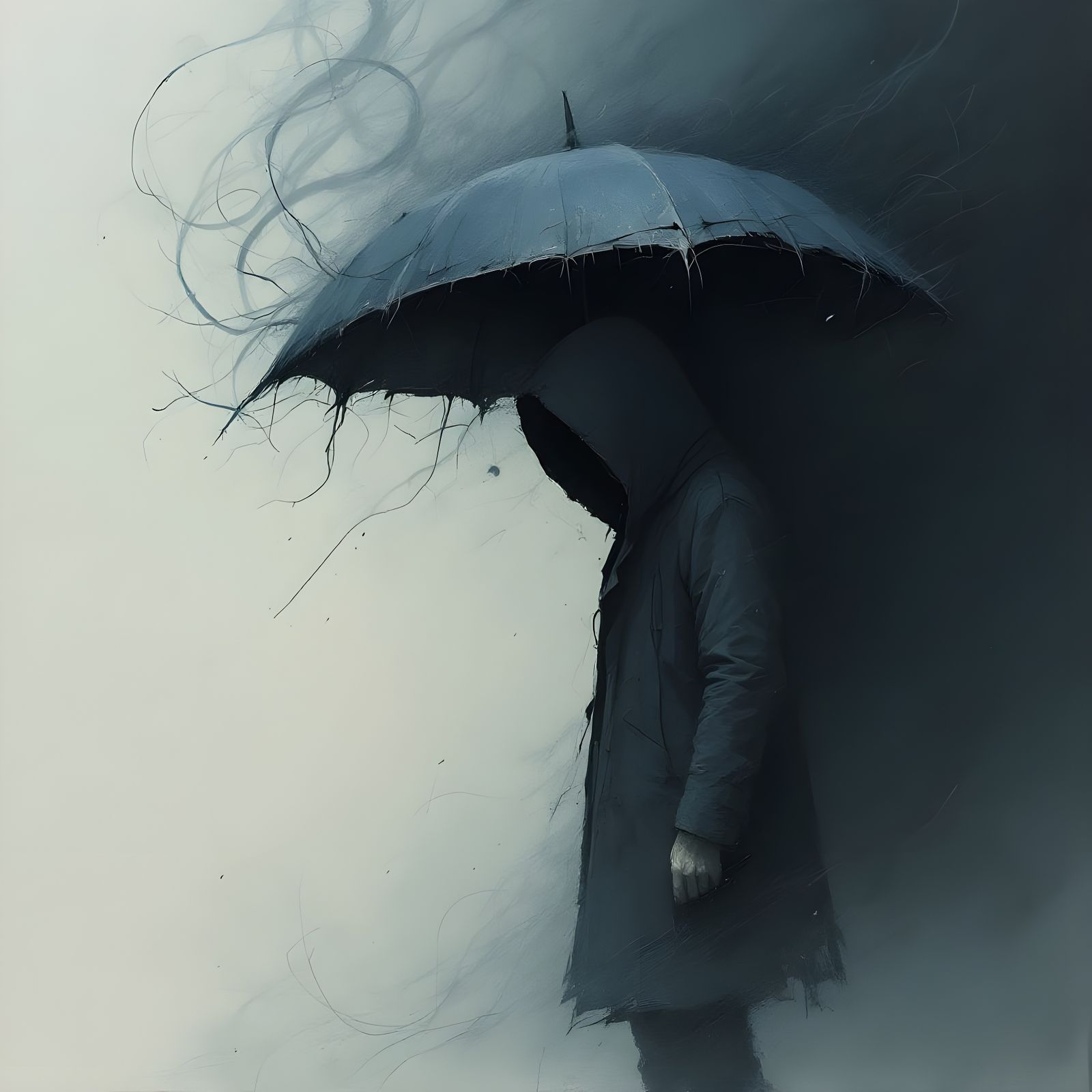 Resilient Figure Defies Turbulence Beneath Weathered Umbrell...