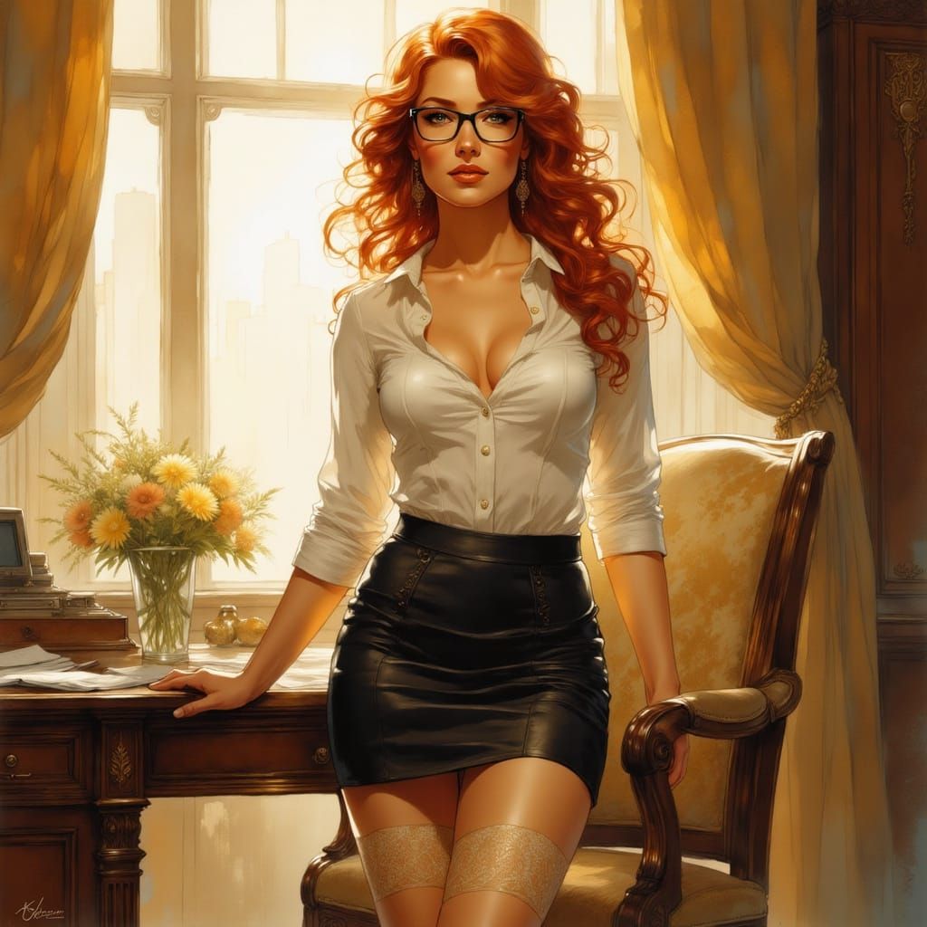 Redhead Secretary in Art Nouveau Style Office