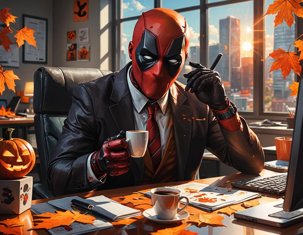 Deadpool as Office Worker in Marvel Comic Style