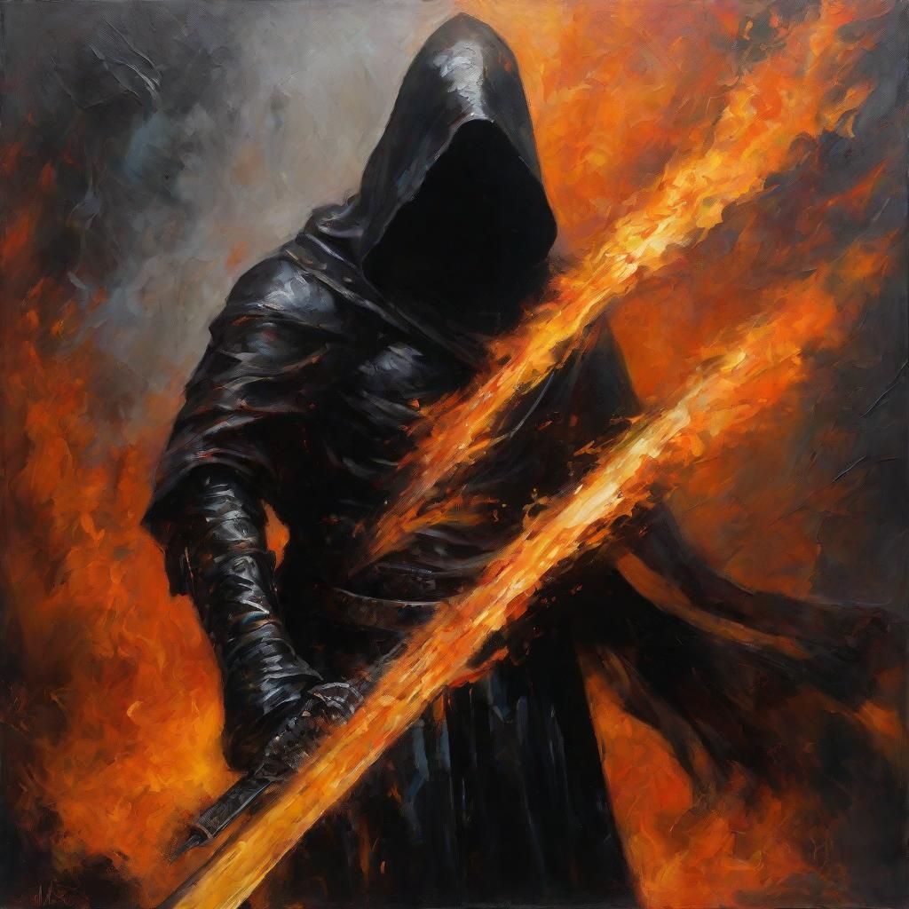 Hooded Figure with Sword in Dark Fantasy Style