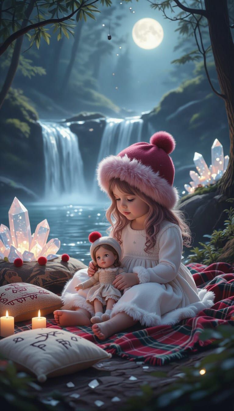 Enchanted Forest Girl With Mauve Hair Beside Waterfall