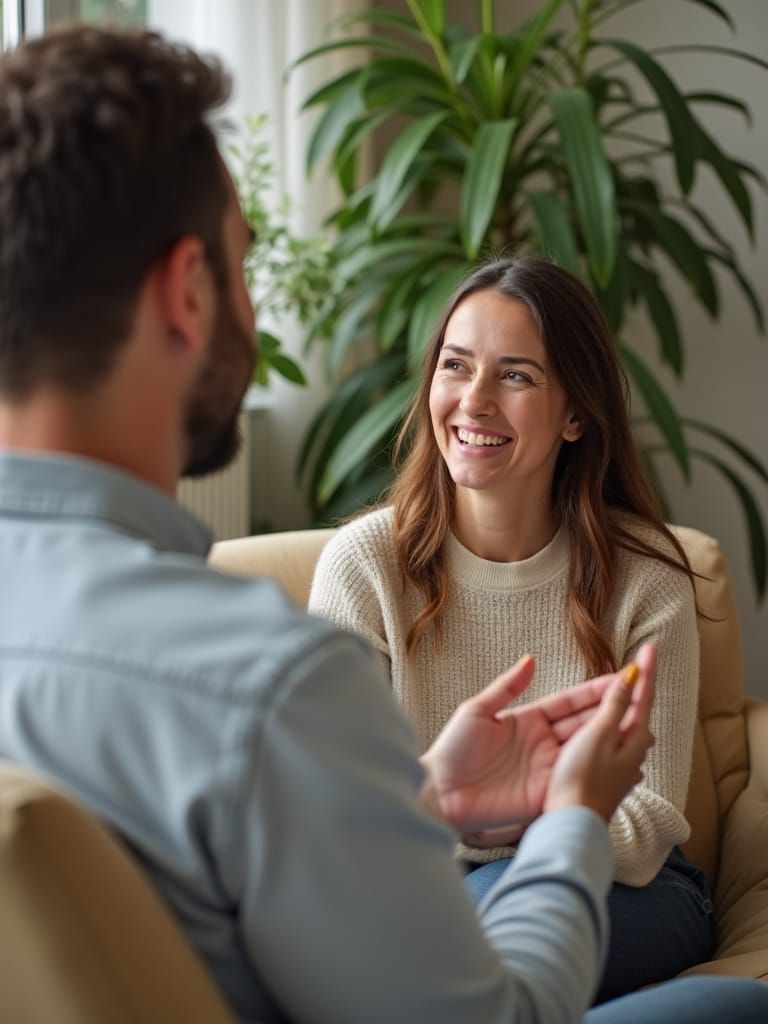 Woman Laughing with Therapist in Warm-Toned Photo