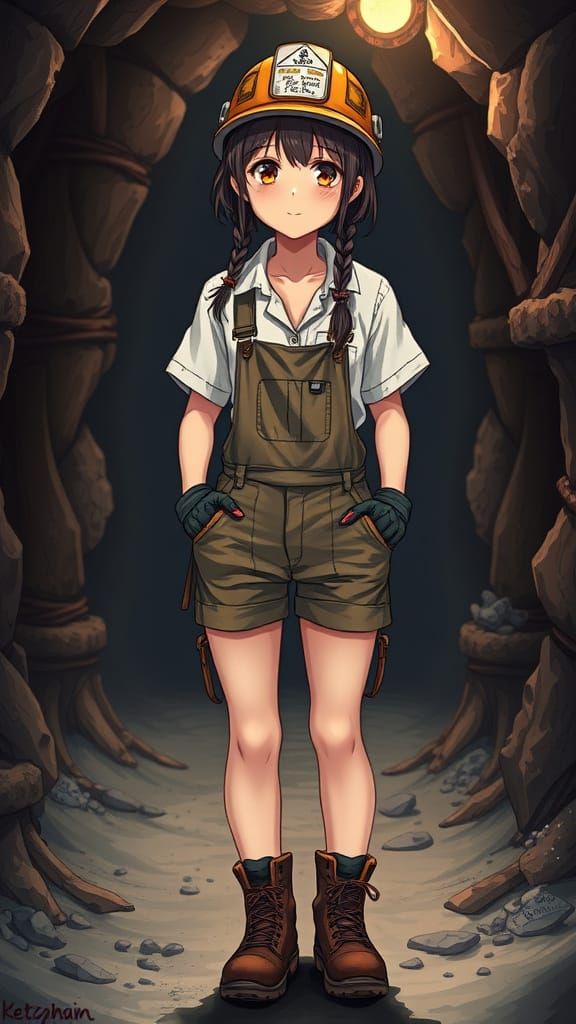 Rugged Young Miner Girl in Vibrant Anime Style