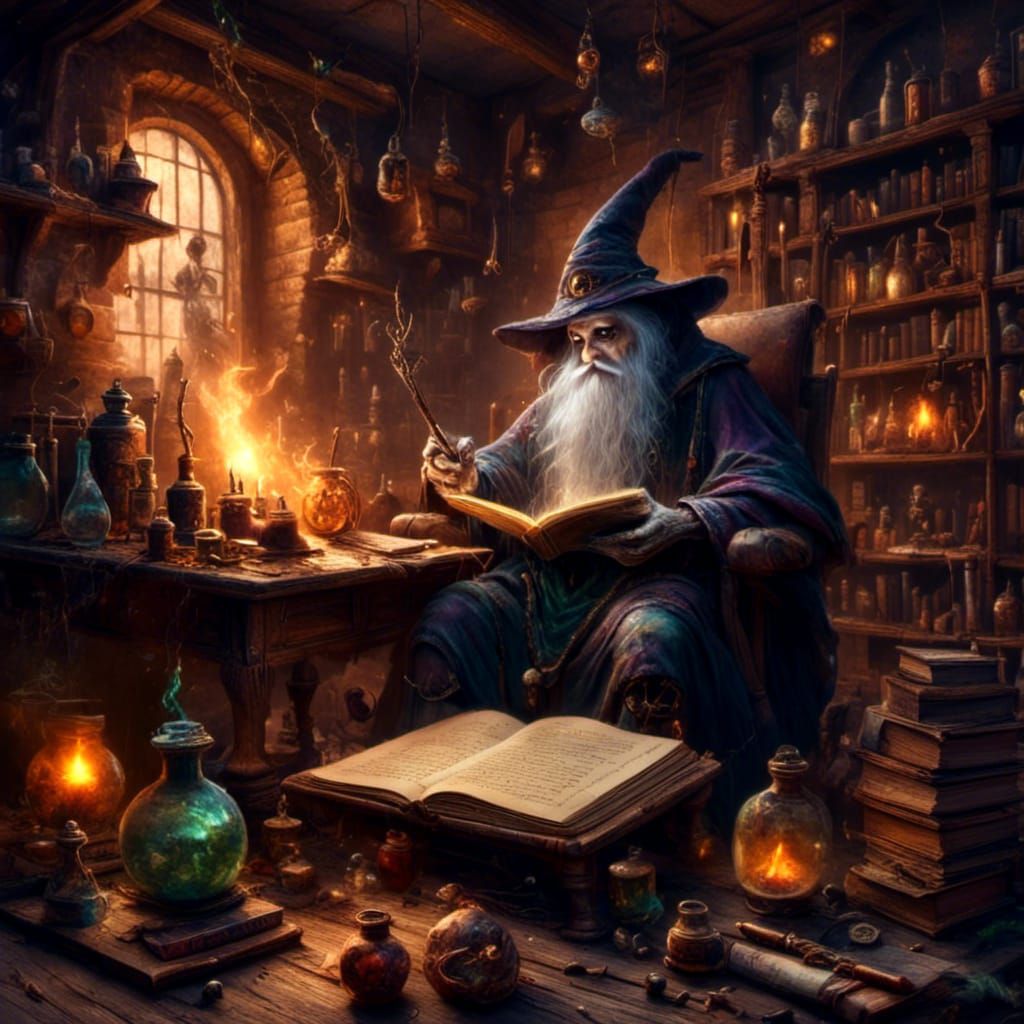 Ancient Wizard Reading Spell Book in Laboratory