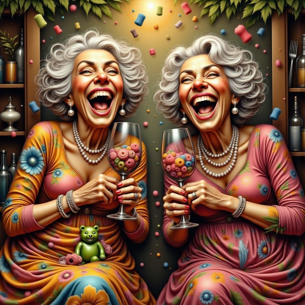 Two Happy Old Ladies Enjoying Wine and Gummies in Vibrant Hy...