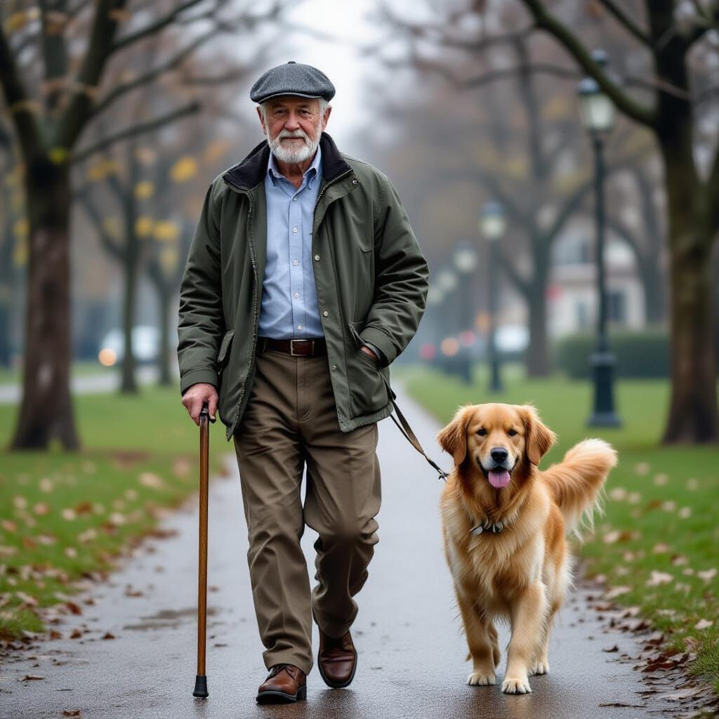 Elderly Man Walking Dog in Park, Realistic Watercolor