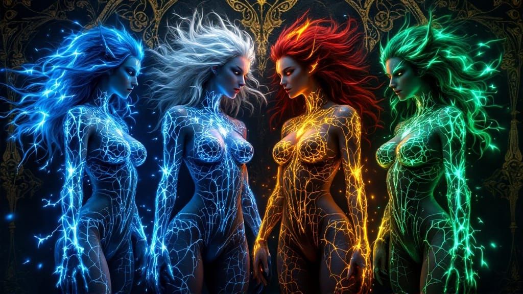 Seductive Elemental Demons in Azure Spider Web Armor