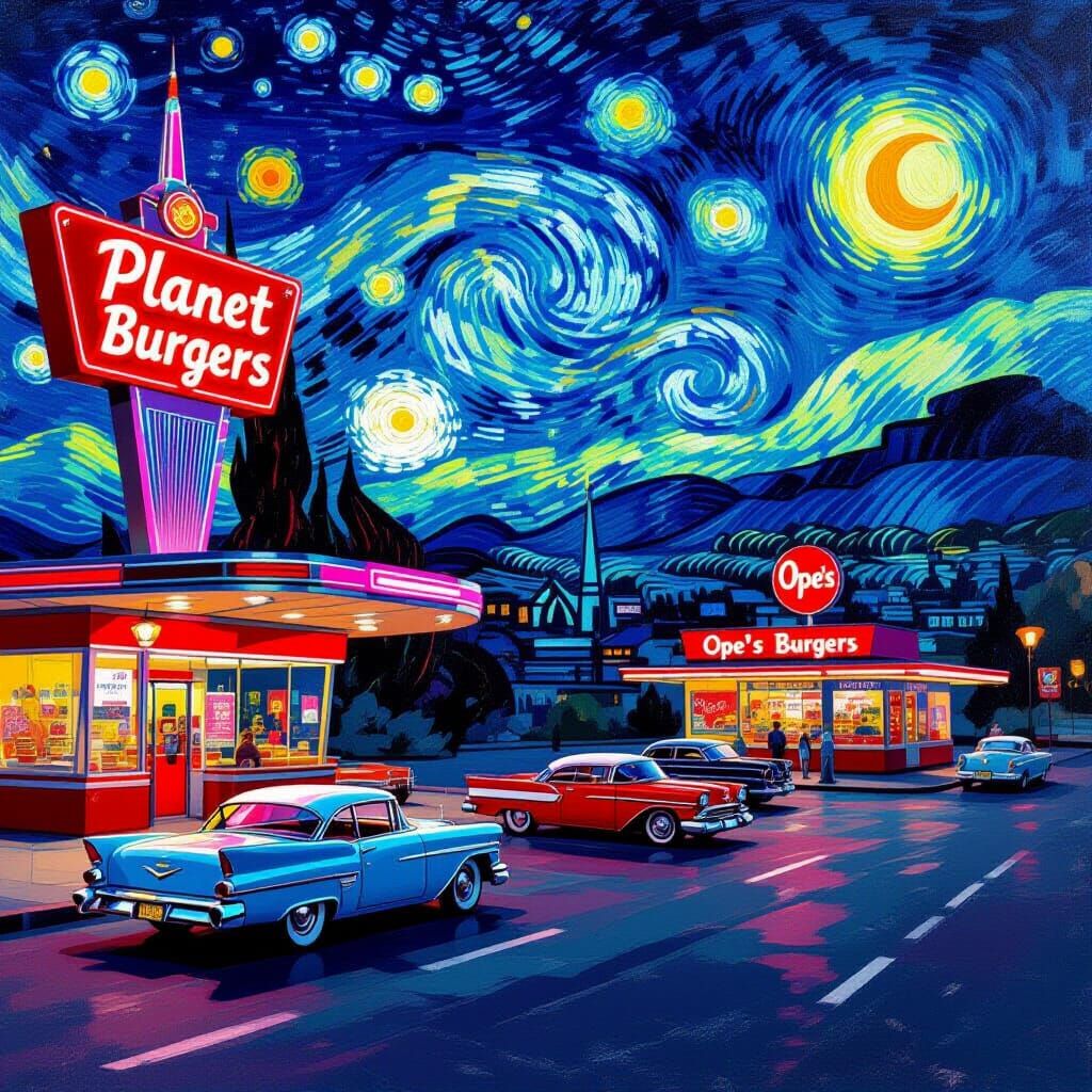 City Street: Futuristic Diner Meets Vintage, Van Gogh Style