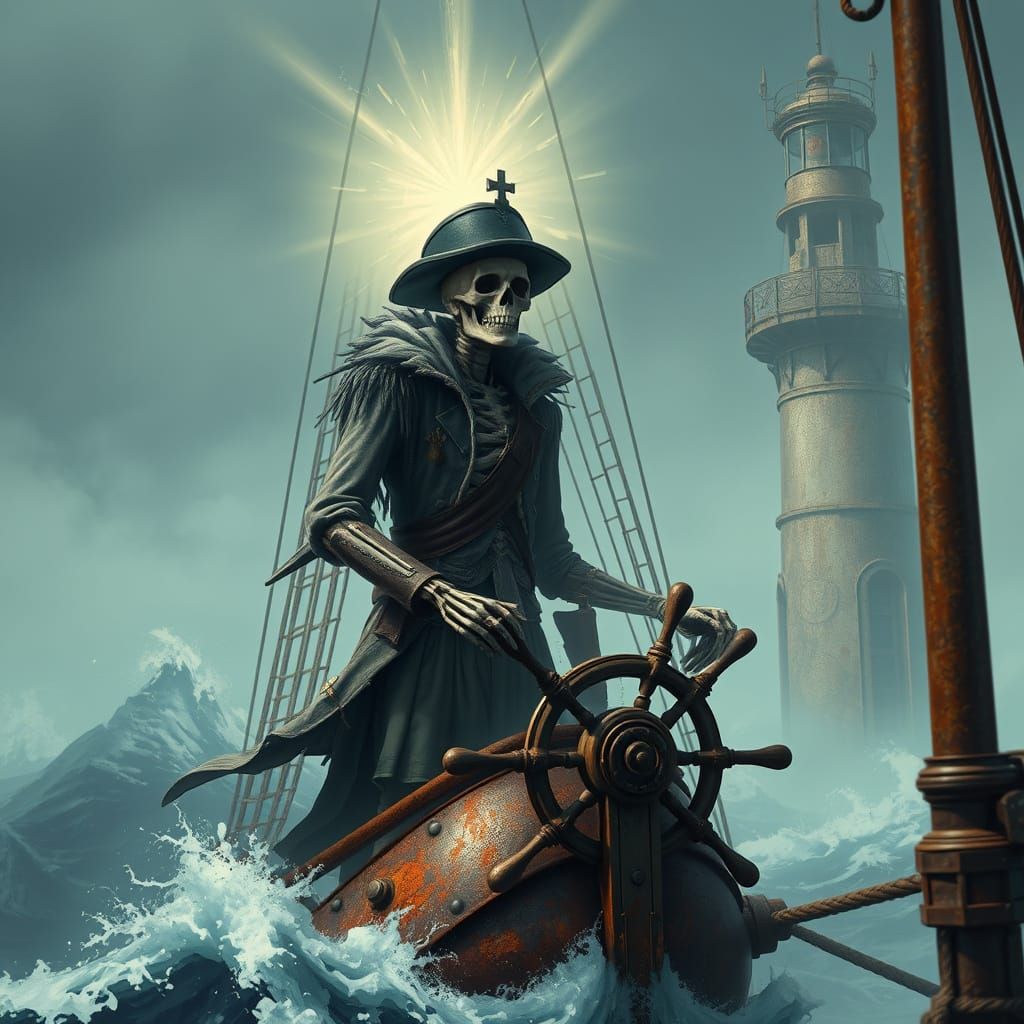 Steampunk Skeleton Captain Sails Ghostly Ship