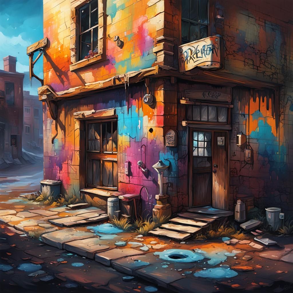 Abandoned Tavern in Graffiti Splash Art Style