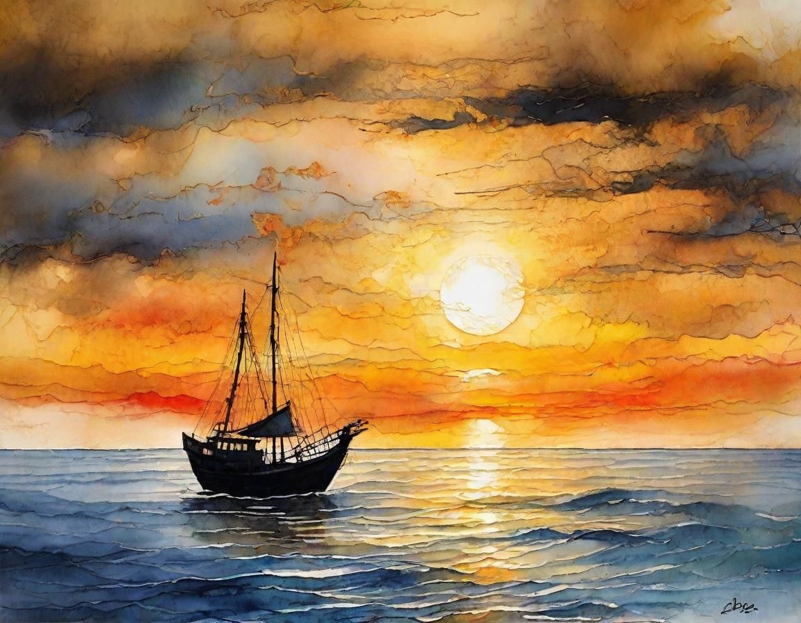 Japanese Boat Silhouette: Expressionist Mixed Media Landscap...