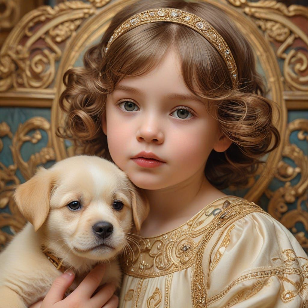 Art Nouveau Baby Girl With Puppy in Royal House