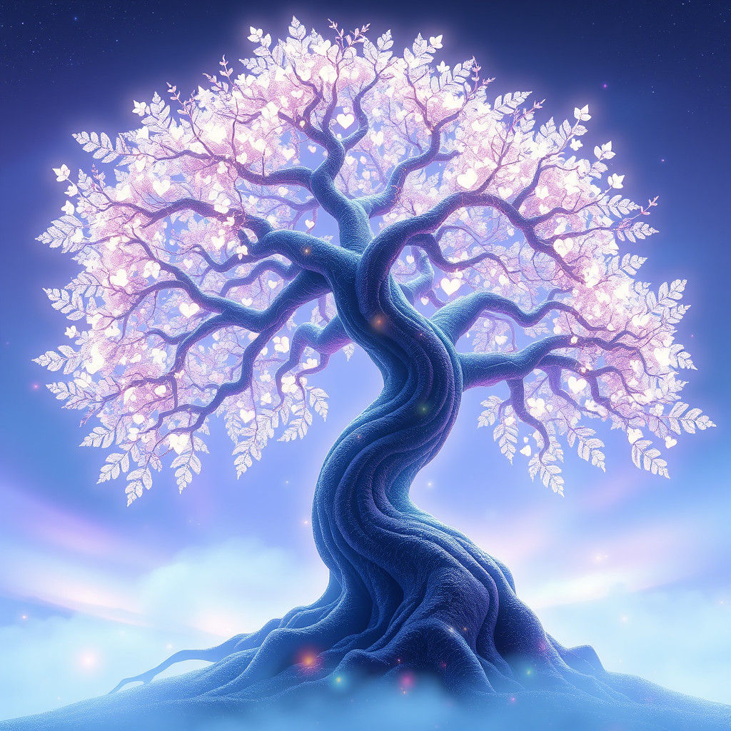 Ethereal Tree with Iridescent Leaves in Anime Style