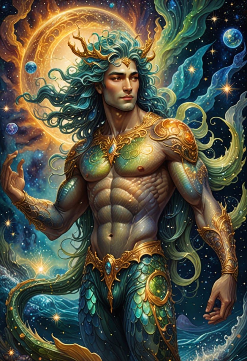 Merman in Cosmic Nebula Oil Painting
