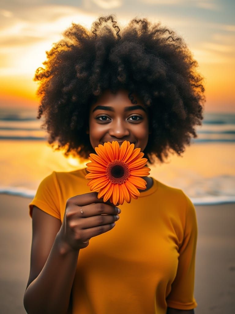 Person with Afro Holding Gerbera Daisy at Sunset
