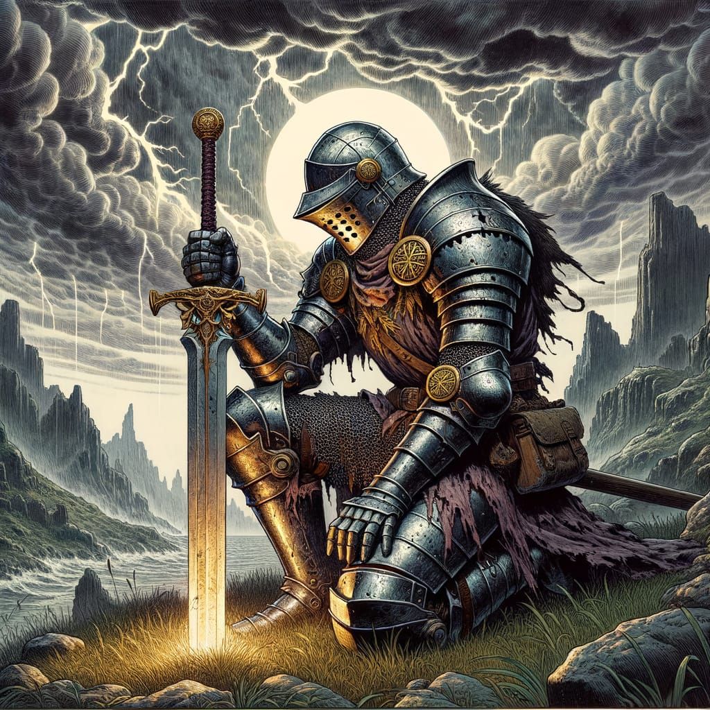 Dark Fantasy Knight in Vintage Comic Style