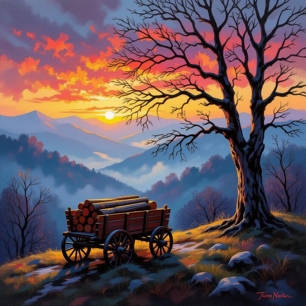 Cozy Winter Wagon Sunrise Oil Painting