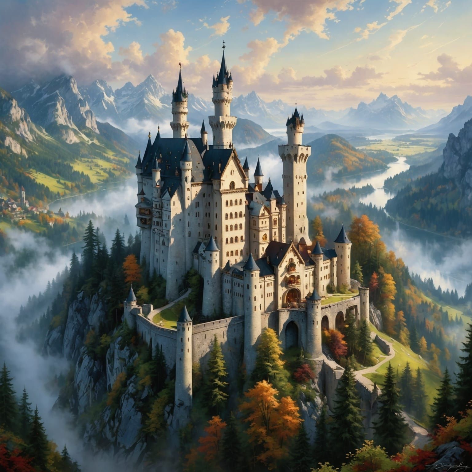 Ethereal Neuschwanstein Castle in Fantasy Landscape