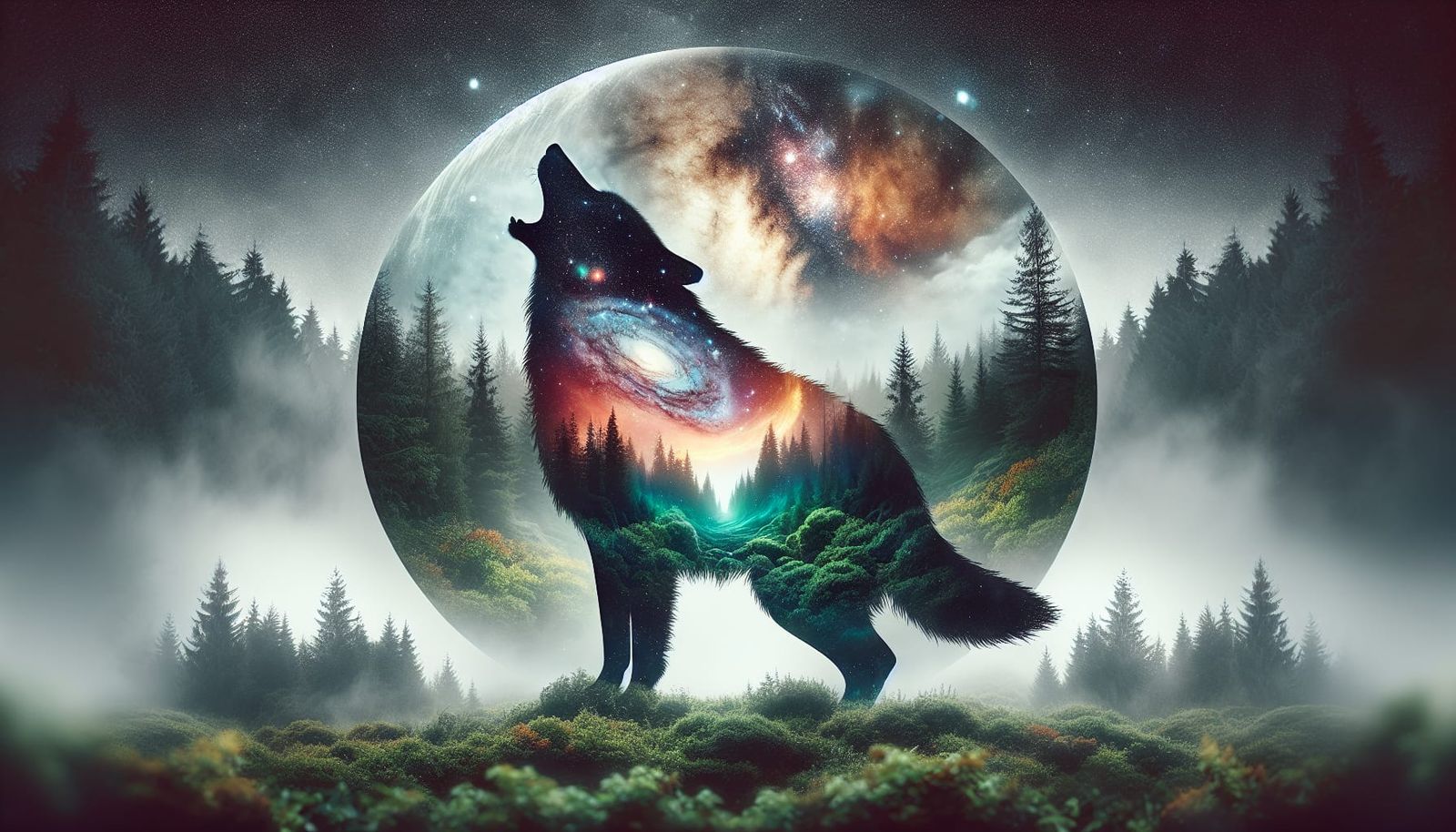 Cosmic Wolf Howling in Misty Forest