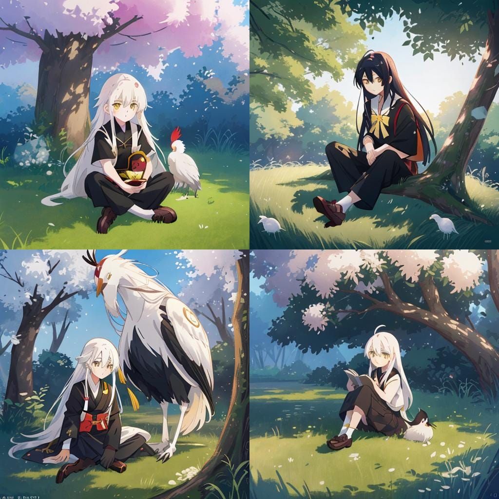 Anime Boy with Crane Under Willow Tree