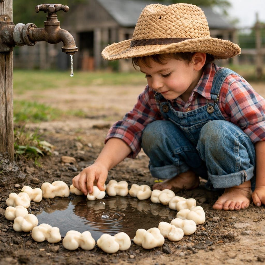 Boy Plays With Cattle Knucklebones Near Puddle