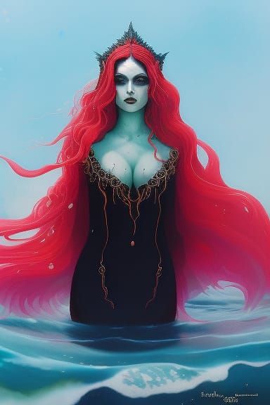 Gothic Mermaid with Red Hair in Liquid Gouache Style