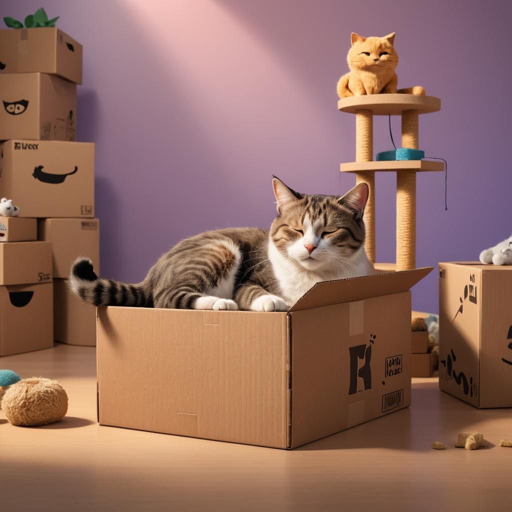 Cat Nap in a Box: Pixar-Style 3D Art