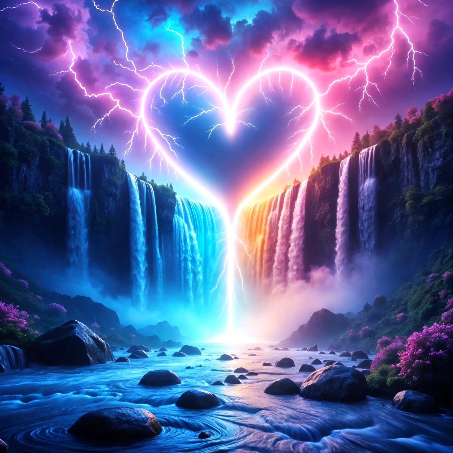 Heart Lightning Illuminates Rainbow Waterfall