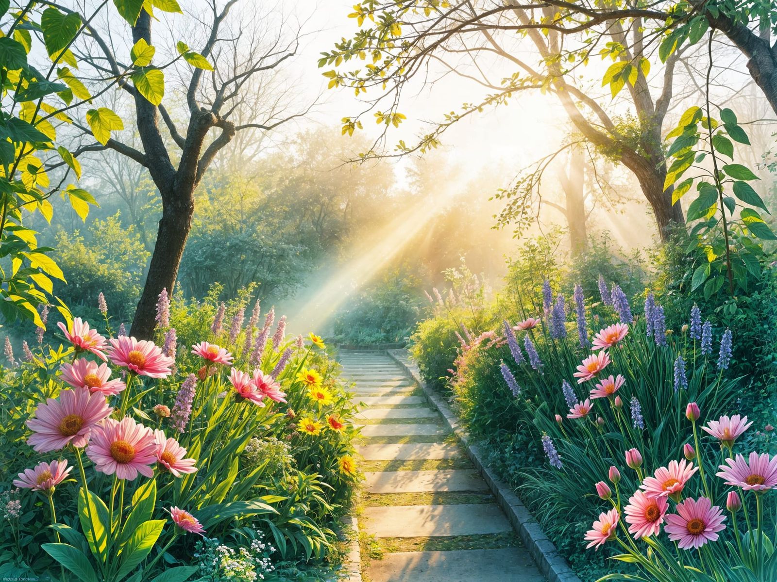 Vibrant Spring Garden in Watercolor Style
