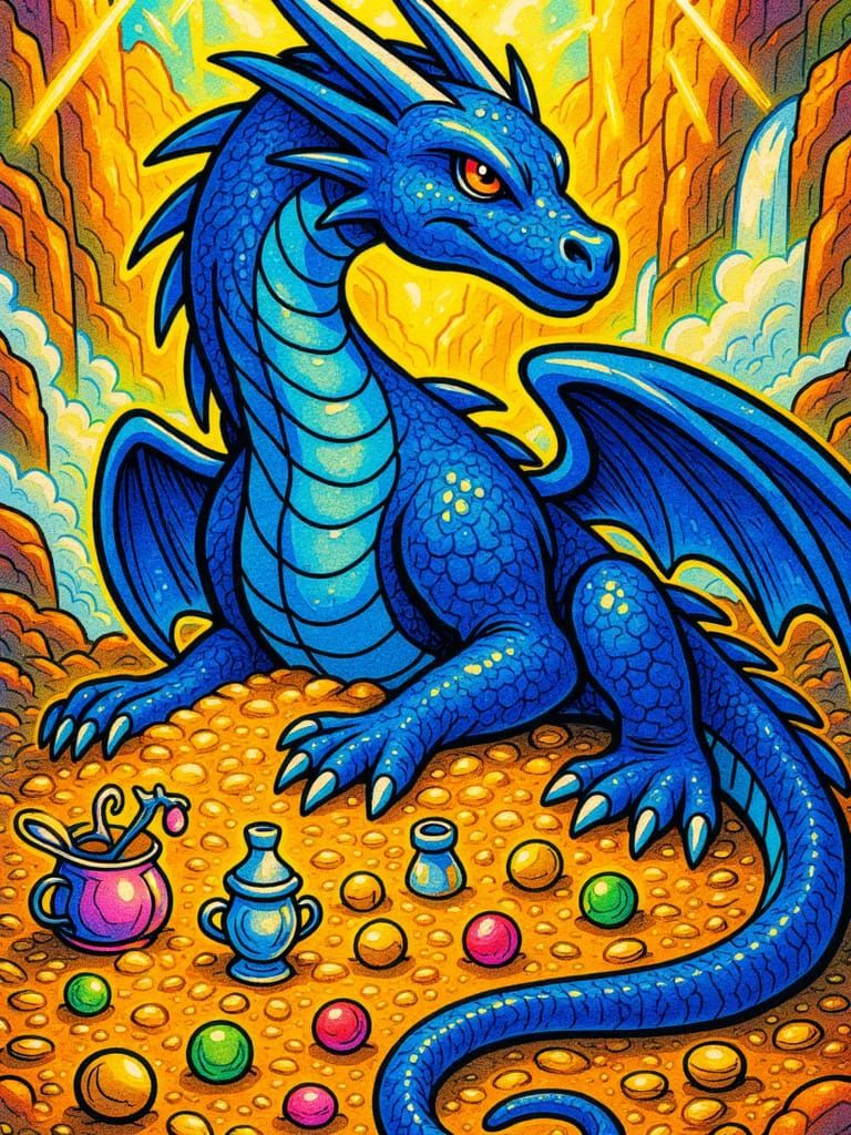 Colossal Blue Dragon on Treasure in Sunlit Canyon, Felt-Tip ...