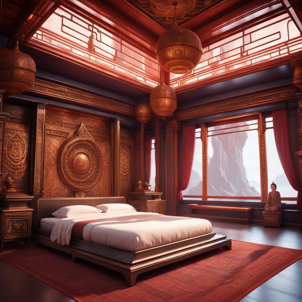 Futuristic Buddhist Temple Bedroom in Detailed Matte Style