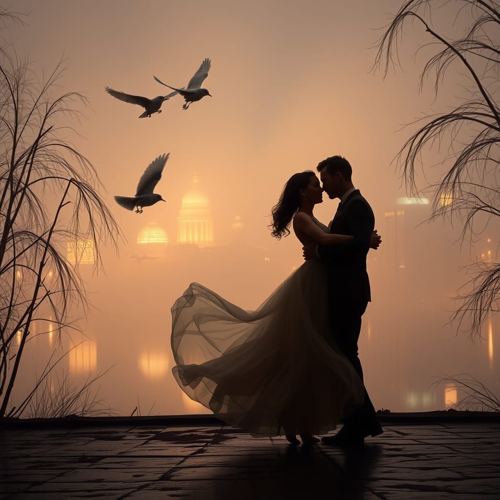 Couple Dancing in Misty Metropolis at Dawn