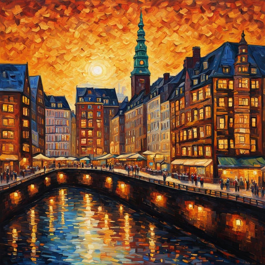 Hamburg Cityscape in Neo-Impressionist Oil Painting Style
