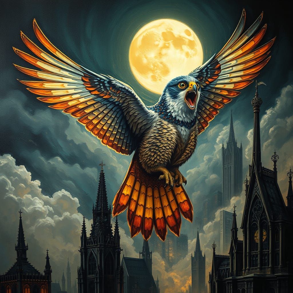 Falcon and Fairy Cat Soaring Over Dystopian Cityscape