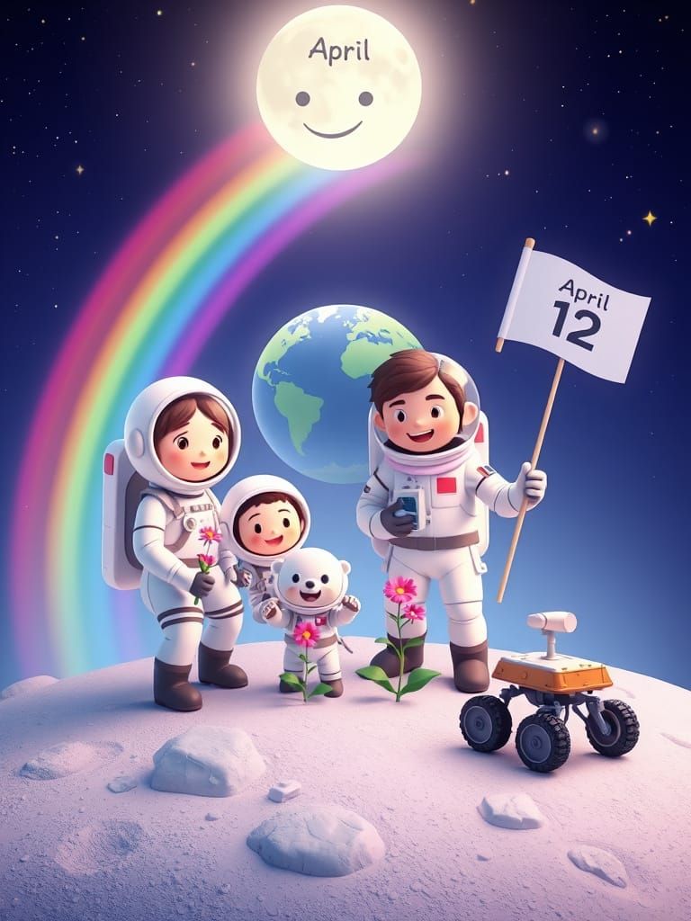 Astronaut Family Plants Flowers on the Moon in Pastel Paradi...