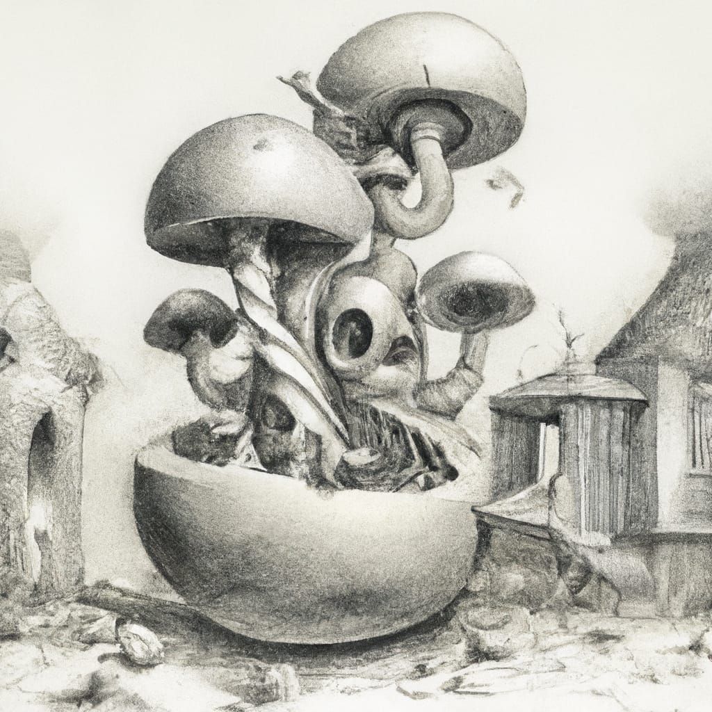Mushroom House Pencil Sketch in Surreal Style