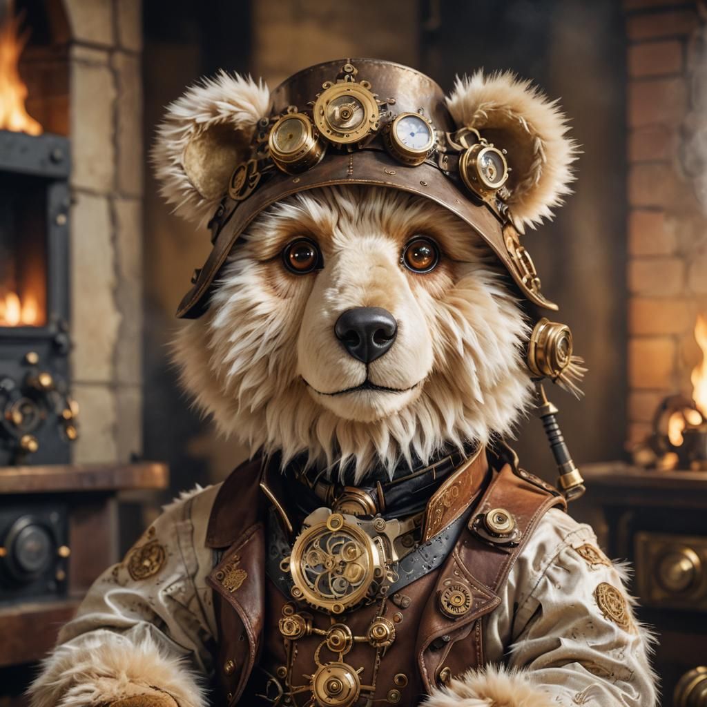 Steampunk Teddy Bear Portrait with Intricate Gear Details