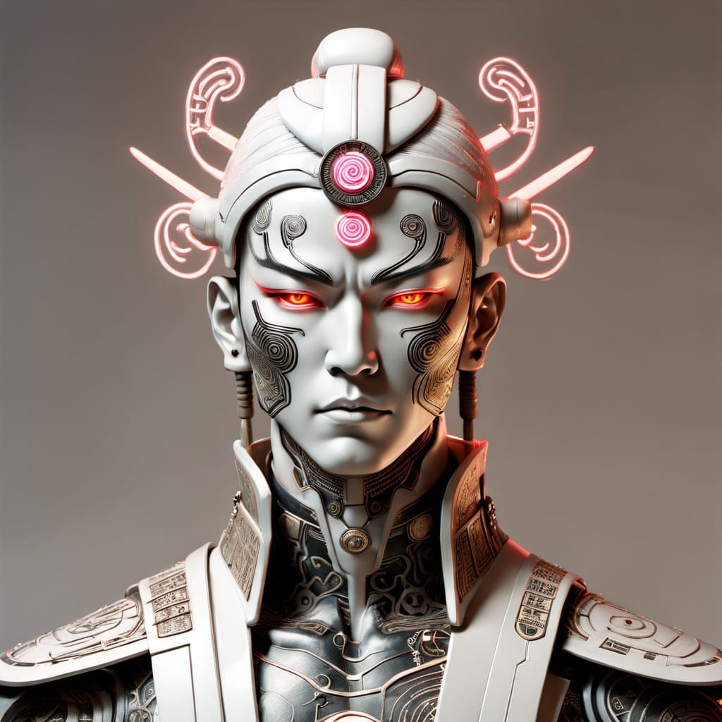 Cyborg Samurai with Kanji, in Cyberpunk Style