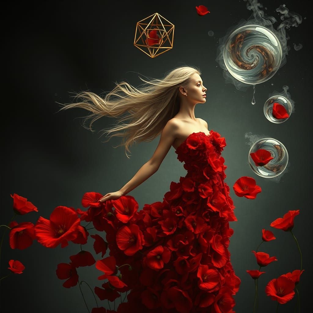 Surreal Woman in Poppy Dress with Floating Octahedron