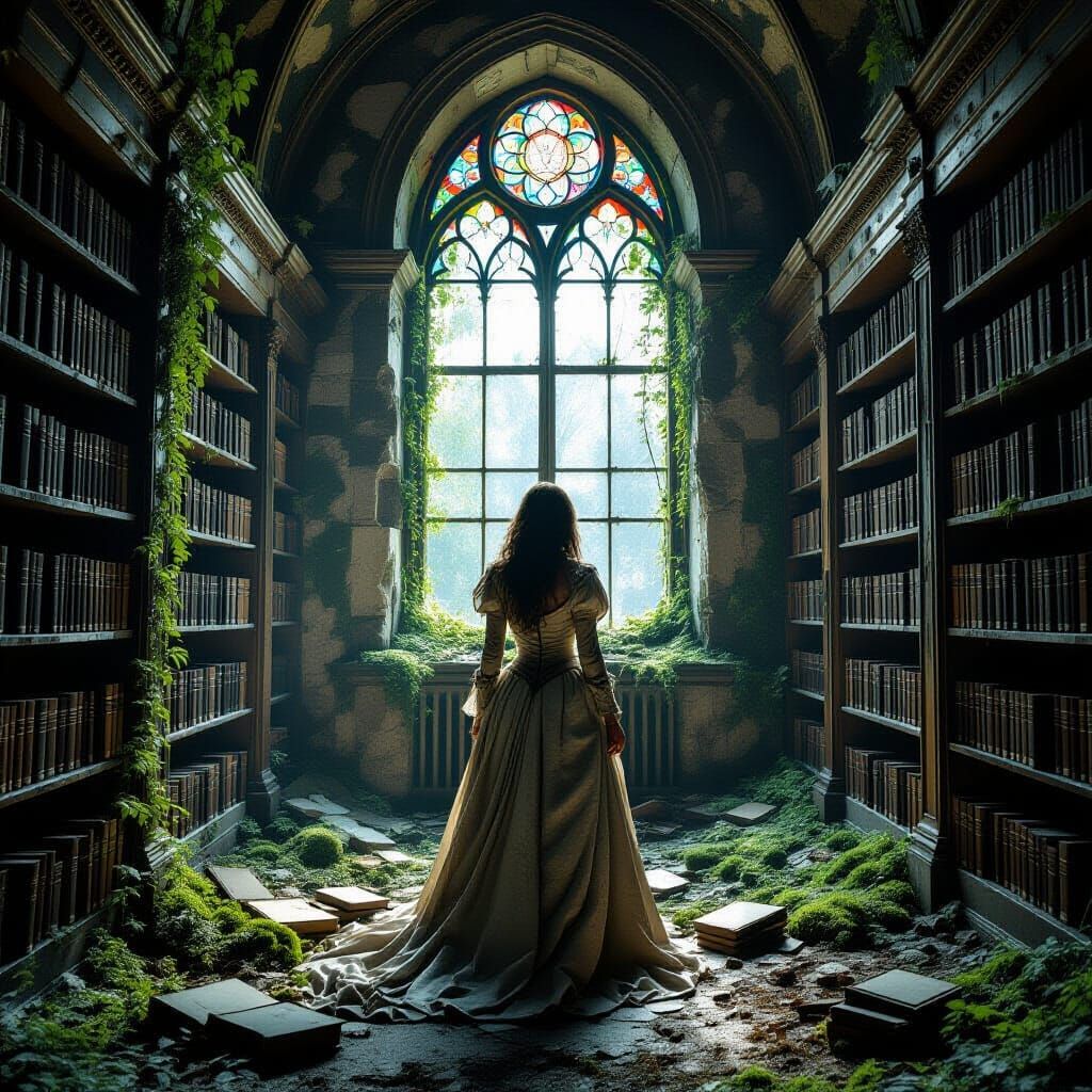 Lone Woman in Ruined Library, Photorealistic Style