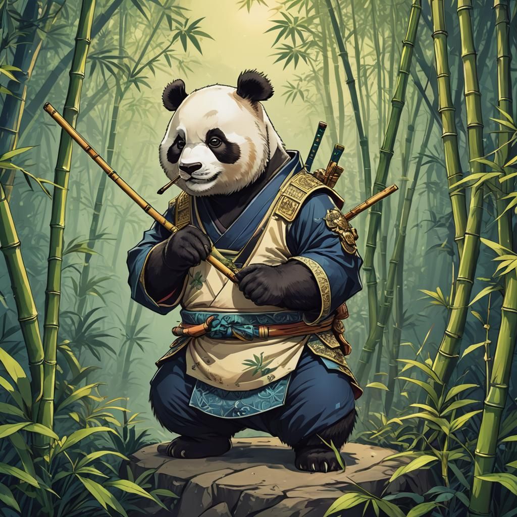 Vibrant Samurai Panda in Triadic Color Scheme