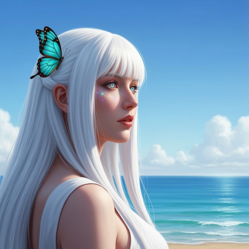 Lady Timpani on Serene Shoreline, Vibrant Colors