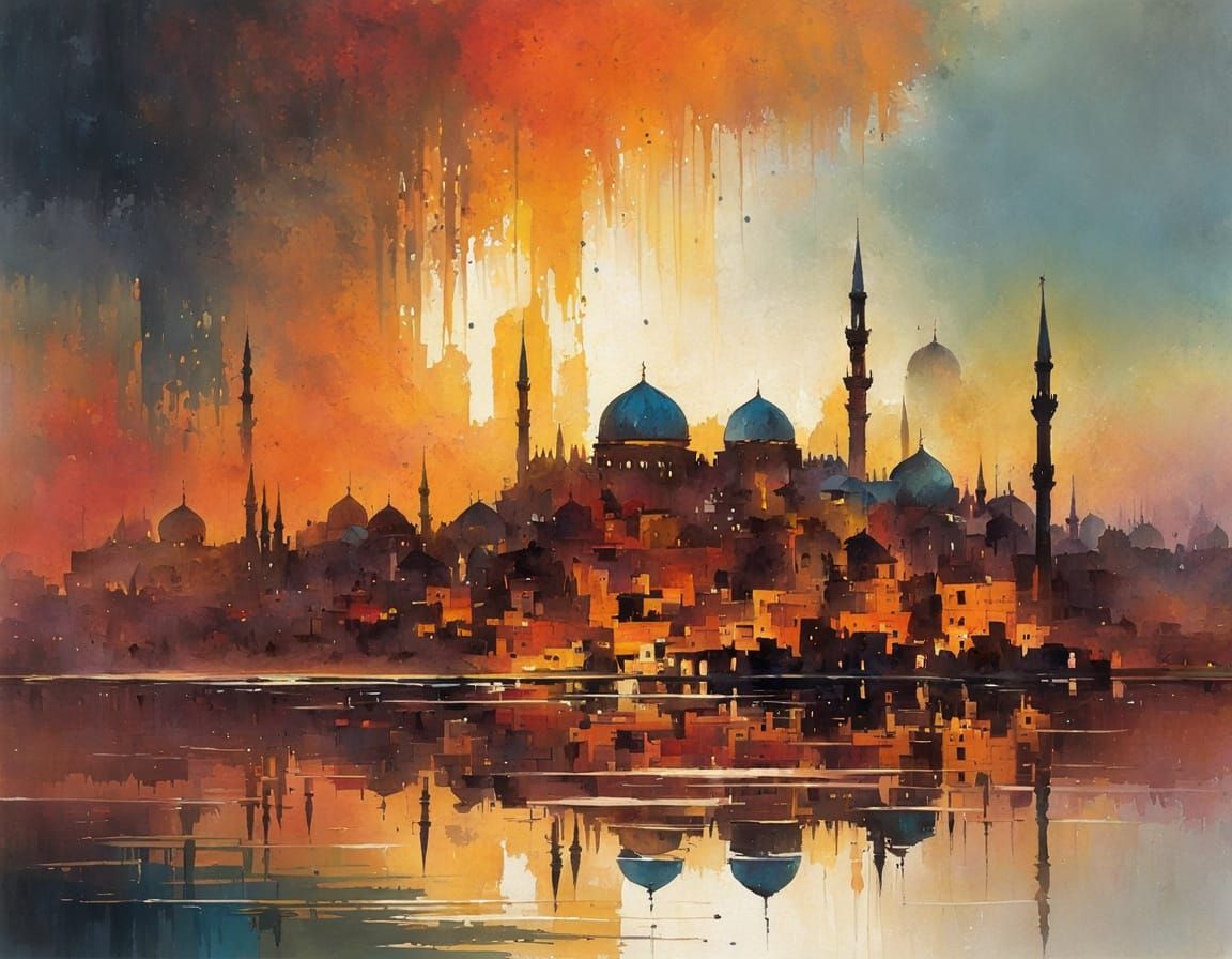 Arabian Ruins Reflected in Sunset Lake, in Vibrant Expressio...