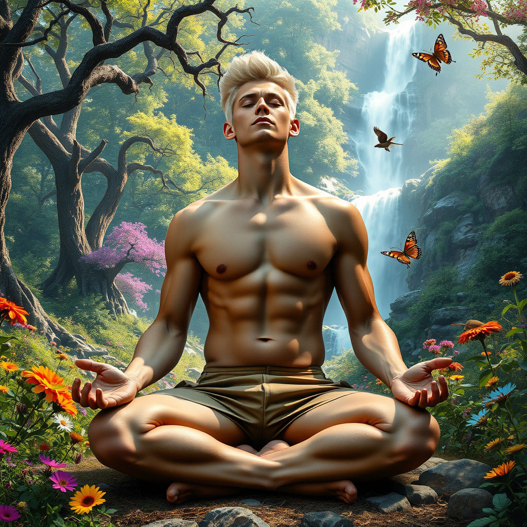 Meditating Man in Kaleidoscopic Forest Landscape
