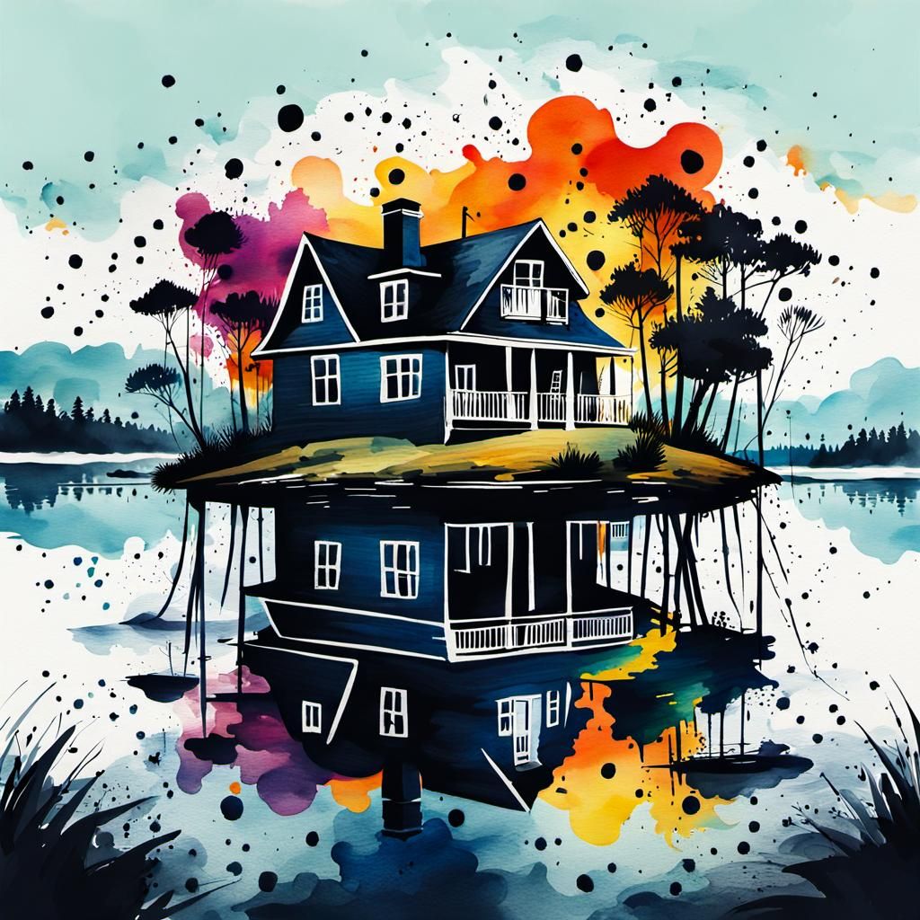 Lake House on Island: Digital Watercolor Painting