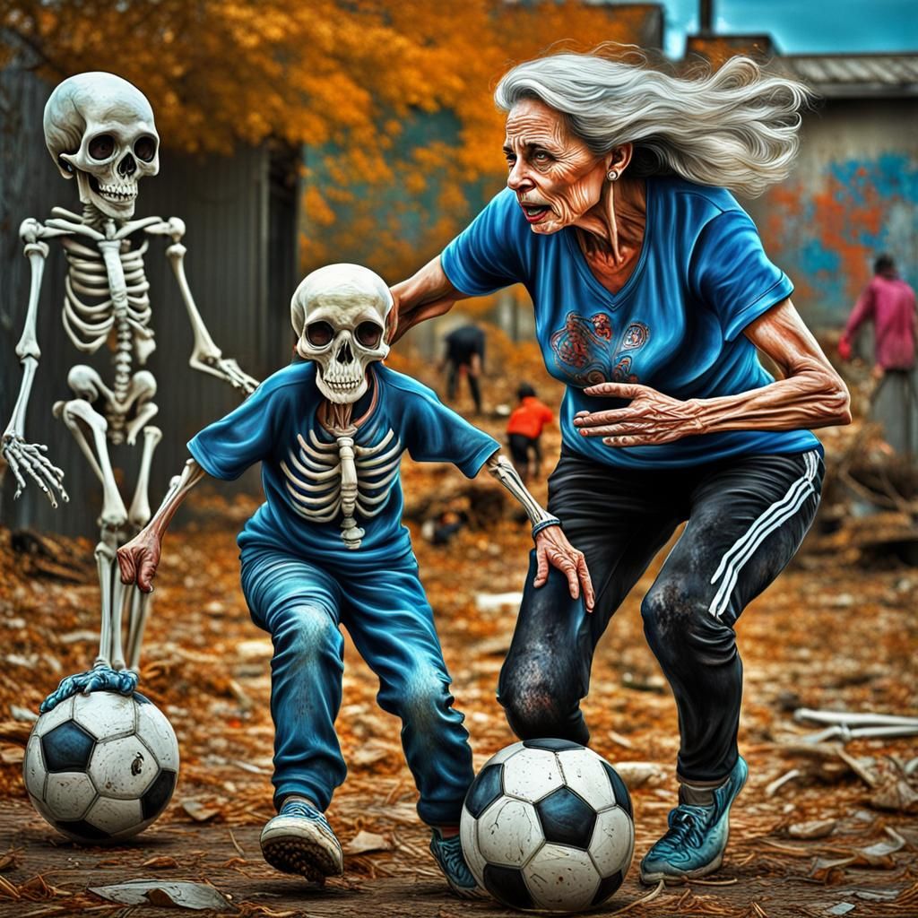 Scary Woman Plays Football with Skeletons in Graffiti Art