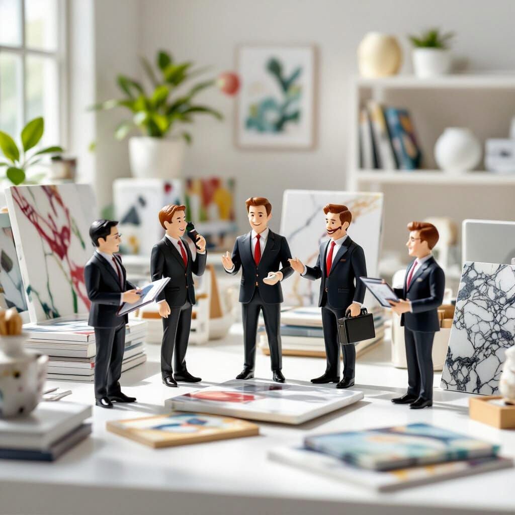 Tiny Figures Joyfully Work in Marble Company Offices