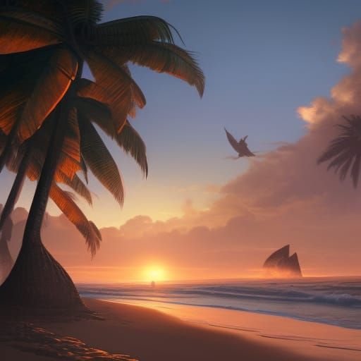 Tropical Beach Sunset in High Fantasy Style